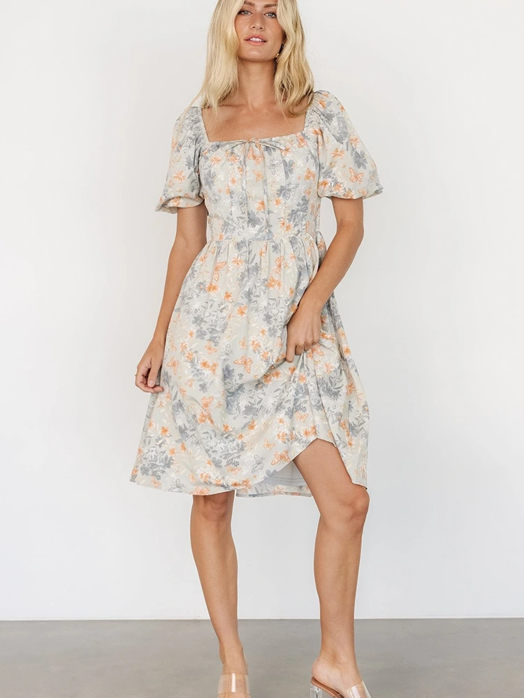 Pakaian Lengan Pendek Midi Leher Persegi Floral Print