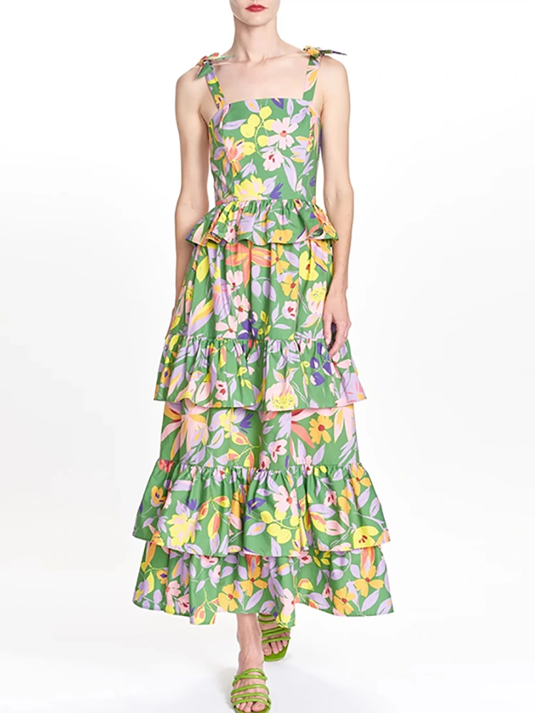 Summer Layered Pleated Printed Long Dress