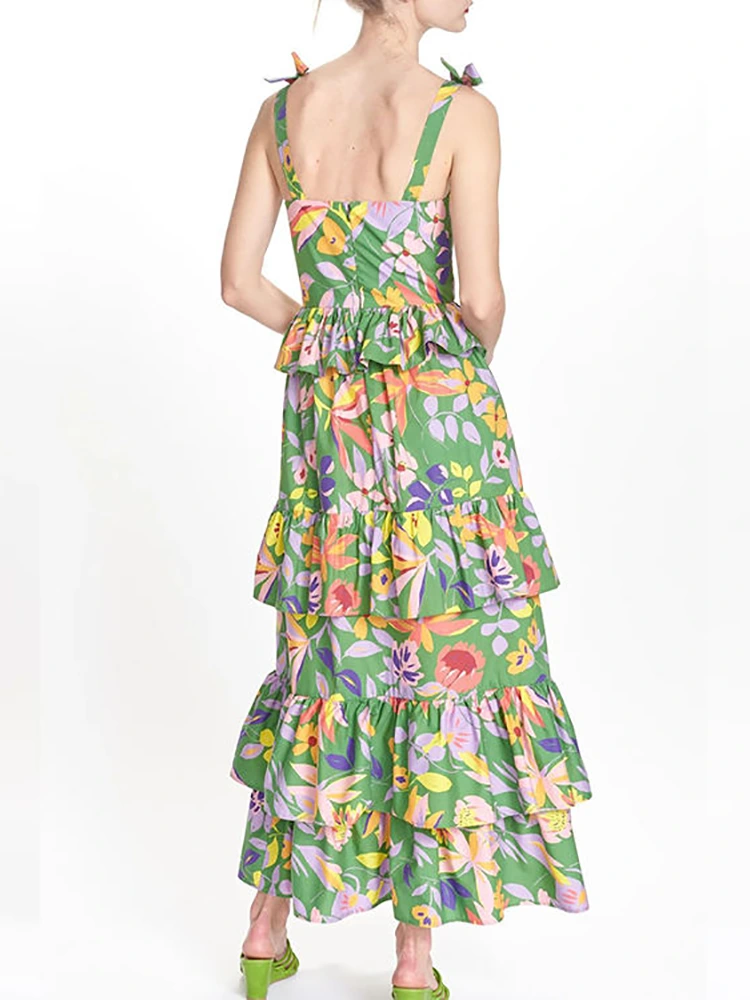 Summer Layered Pleated Printed Long Dress