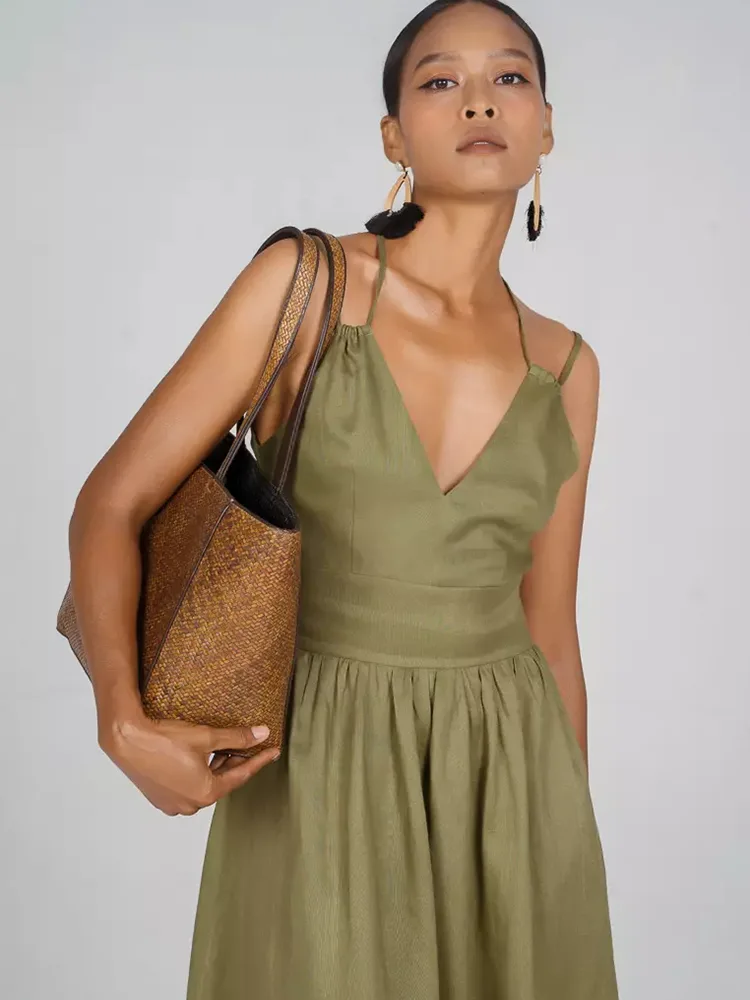 Lady Deep V Neck Long Casual Linen Dress