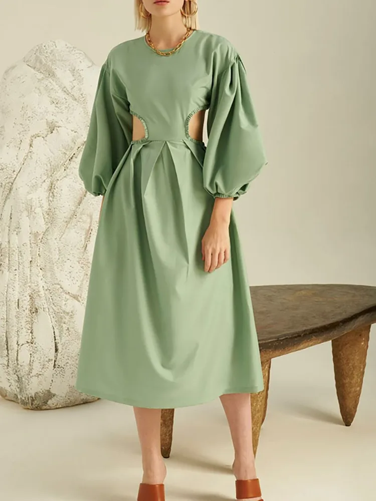 Pakaian Linen Elegan Lengan Panjang Lady Maxi