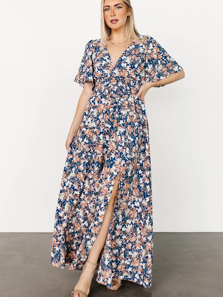 Gaun Maxi Lengan Pendek Chiffon Floral V-Neck Bercetak