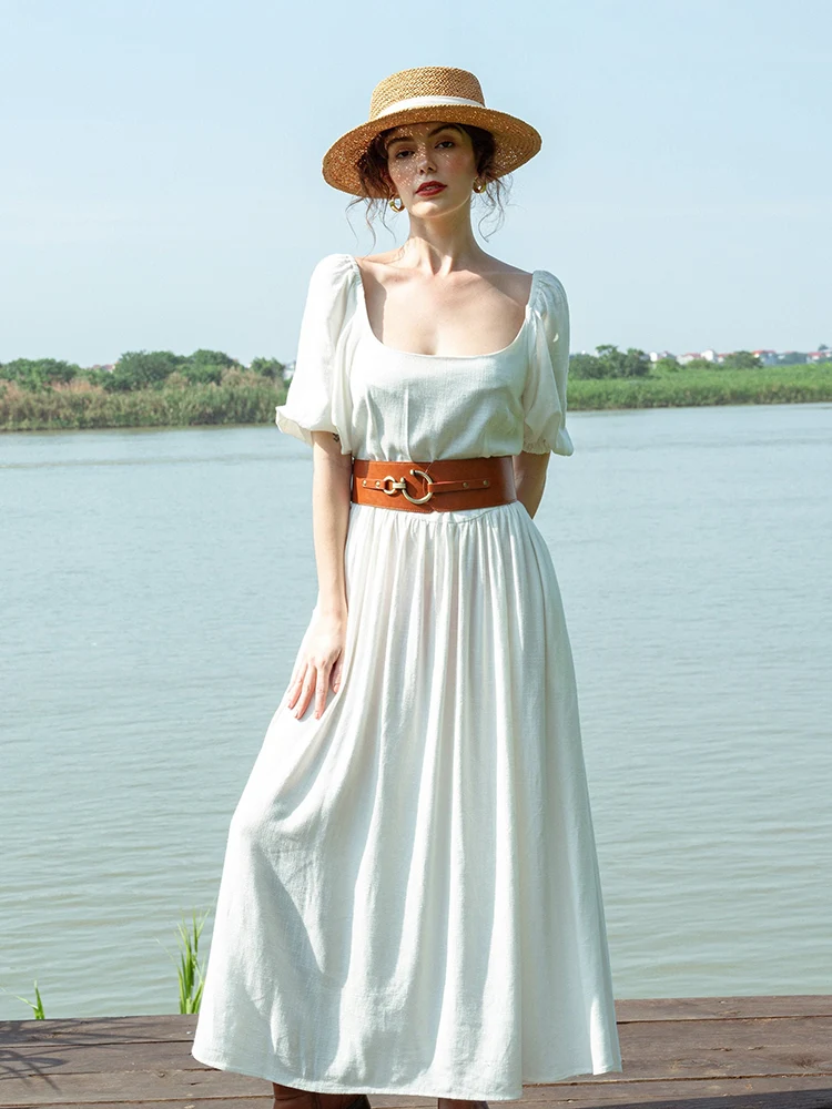 Gaun Midi Campuran Linen Kapas Ruffle
