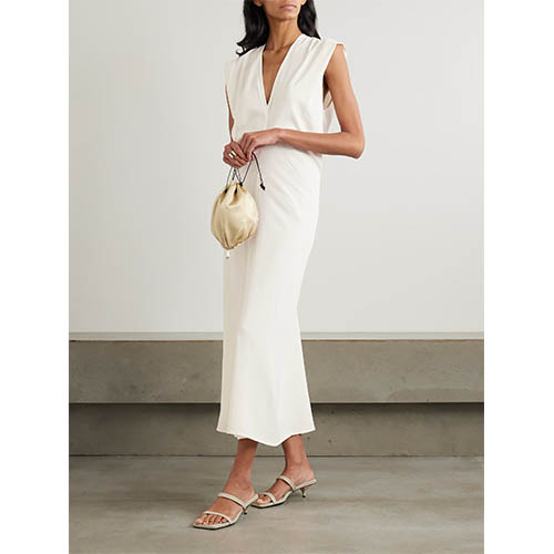 Pakaian Midi Deep V Tanpa Lengan Ivory Disesuaikan